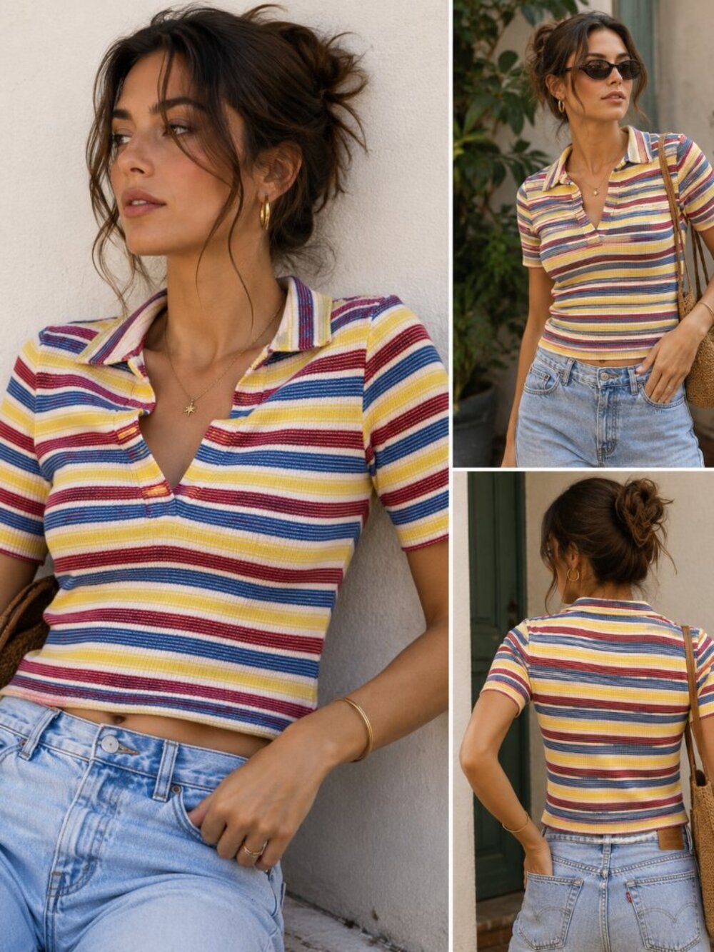 Zara Striped Knit Polo Top Retro Y2K Cropped Shirt M - Picture 1 of 5